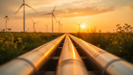 Sunset over agricultural landscape with wind turbines and pipeline infrastructure reflecting golden light and vibrant vegetation in foreground