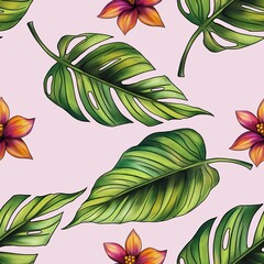 Monstera and Jungle Leaves with Flowers Big Design Seamless Pattern on Pastel Pink Background © Khrystyna Turchyn