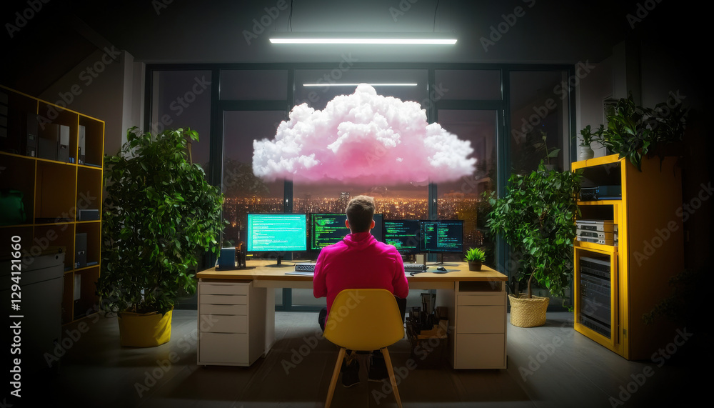 Poster cloud storage concept, person working at desk with computer screens, visualizing cloud technology