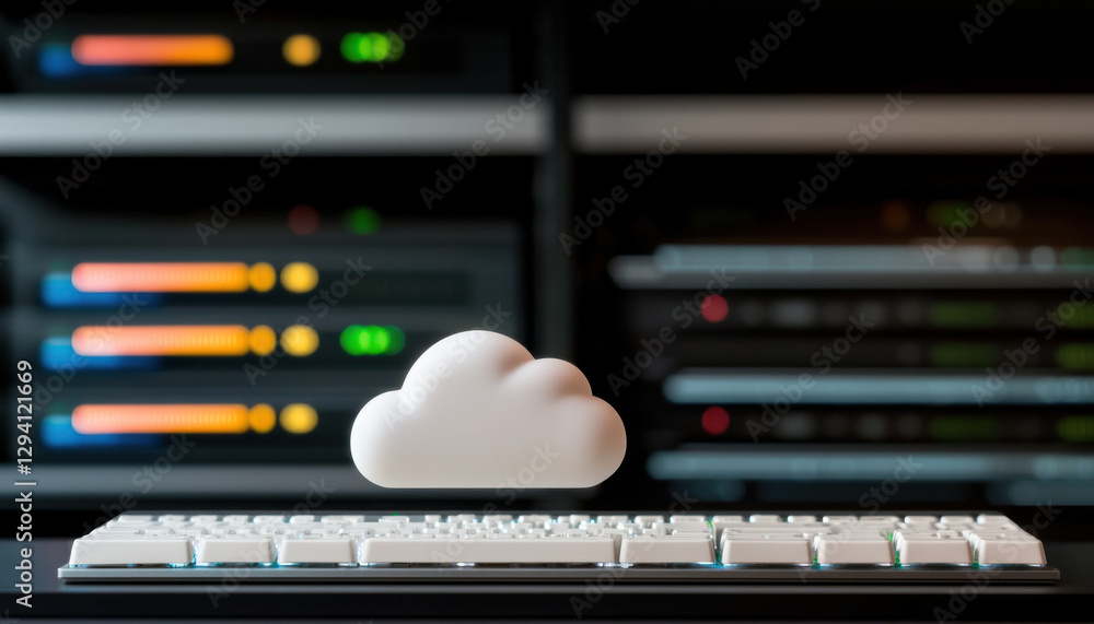 Poster cloud storage concept, cloud computing concept with keyboard and server background