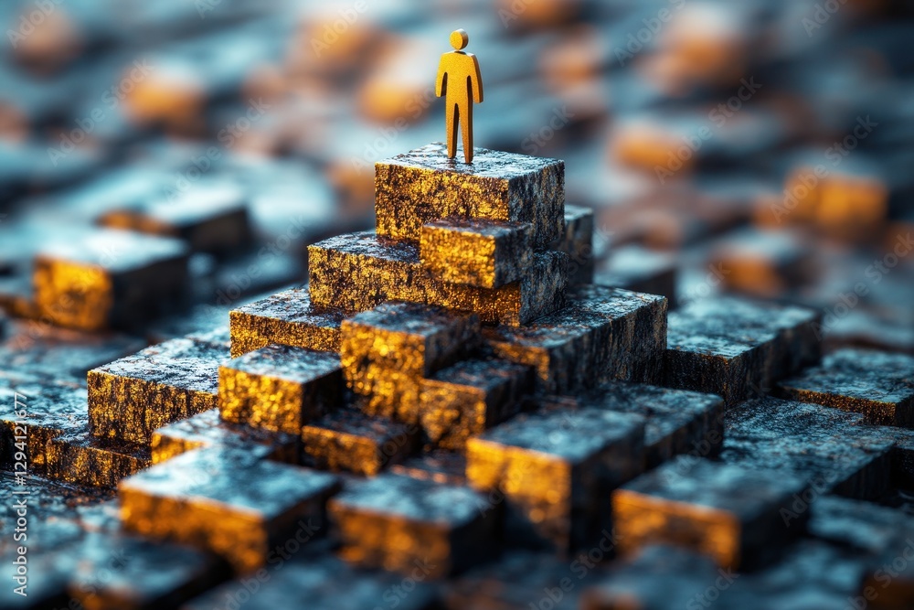 Poster abstract representation of success and achievement with a figure standing on stacked blocks in a cre