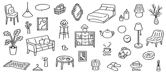 住居にまつわるインテリアの手書きベクターイラスト。ソファやベットなどの家具セット。