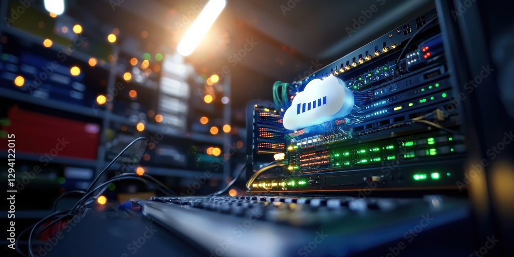 Poster cloud storage concept, cloud backup network with glowing servers and data storage