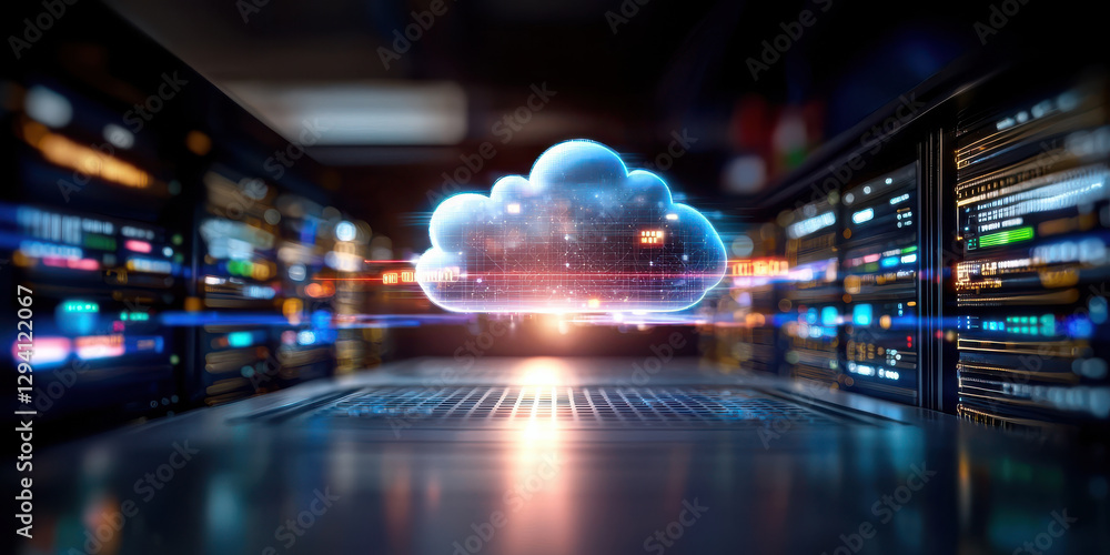 Poster cloud storage concept, cloud computing technology with glowing data processing in server room