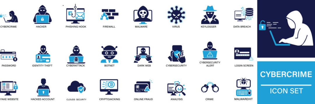Cybercrime icon set Hacker, Phishing hook, Firewall, Malware, Virus, Ransomware, Spyware You can easily change the color.