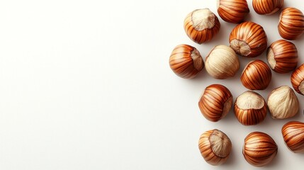 Hazelnuts on white background, top view, food photography