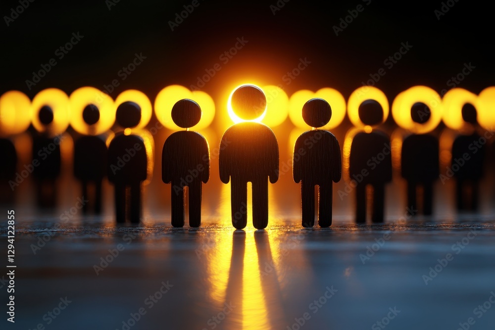 Poster wooden figurines standing in a row with glowing circles behind them, creating a warm and engaging at