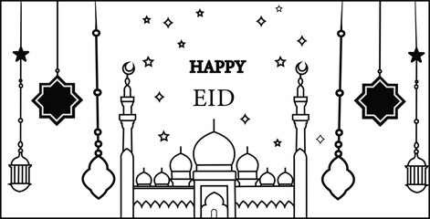 Happy Eid Crescent Moon with Stars and Lantern Vector Illustration – Islamic Festive Design for Ramadan and Eid Celebrations with Transparent Background.