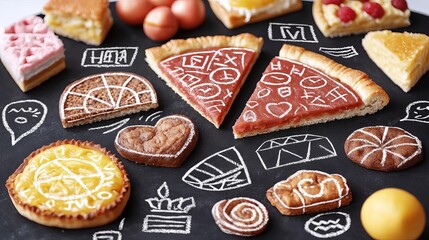 A deep black chalkboard background with white chalk hand-drawn text and illustrations. , isolated on white background,  , copy space for text,