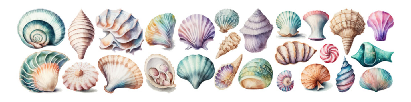 Watercolor shells set. Seashell vector illustration.