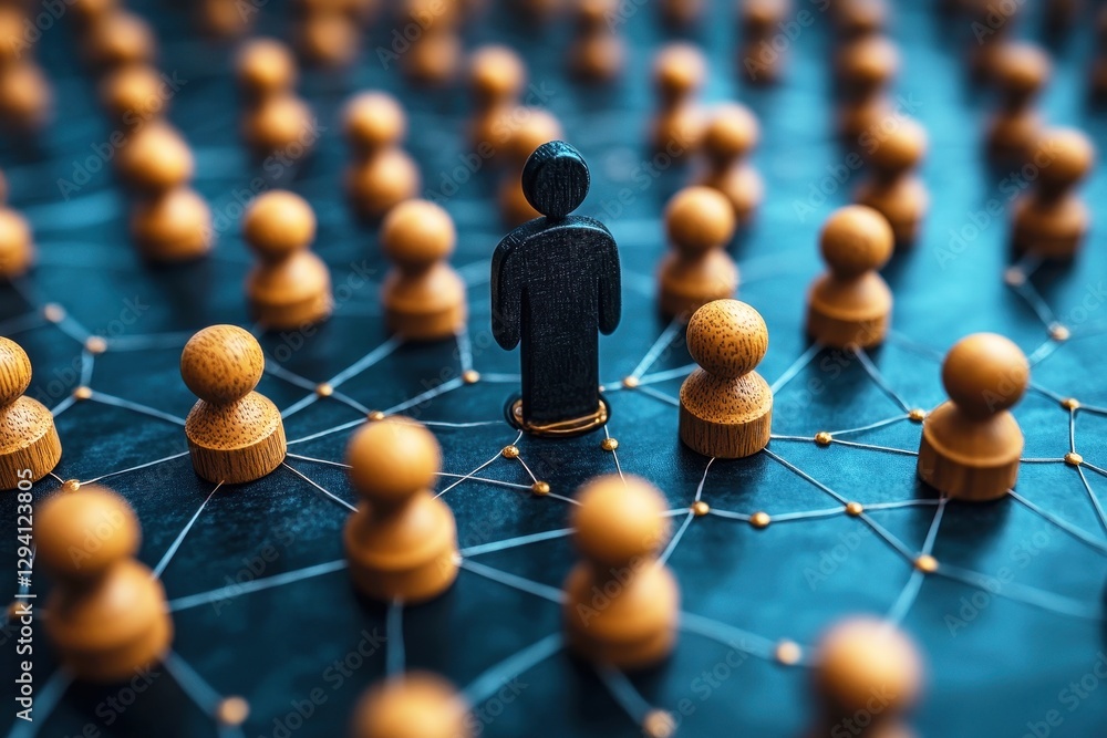 Poster conceptual representation of social networks and connections with figure standing out among wooden t