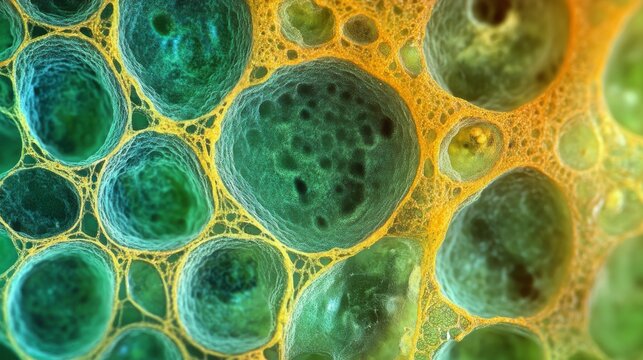 Microscopic view of plant cells, focusing on food and nutrition science. 