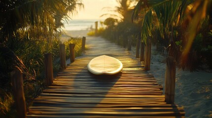 Obraz premium Serene Surfboard on Wooden Pathway by Tropical Beach at Sunset
