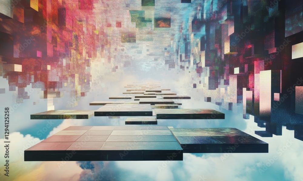 Poster floating platforms guide way through colorful sky.