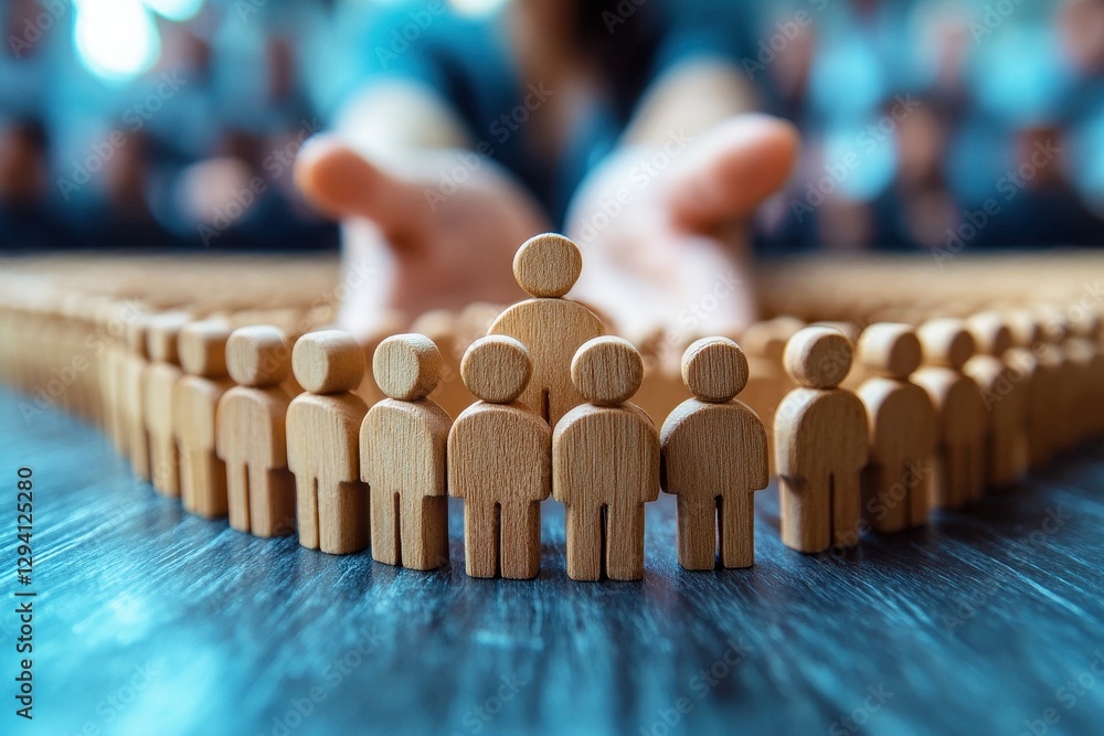 Poster wooden figurines representing teamwork and collaboration with hands reaching in a vibrant setting fo