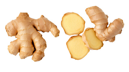 Fototapeta premium Fresh ginger root and slices, showcasing its natural texture and healthy properties
