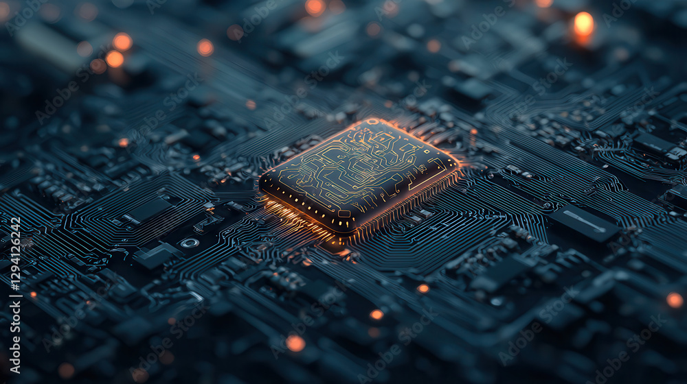 Poster close up view of microchip on circuit board, showcasing intricate details and glowing elements, repr