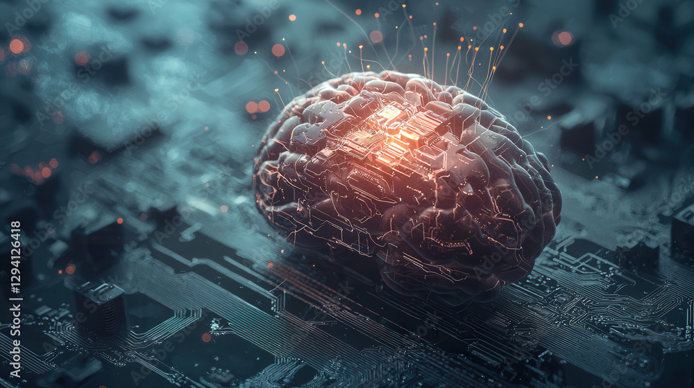 Aufkleber cybernetic brain with integrated circuits glowing on digital background, symbolizing advanced techno
