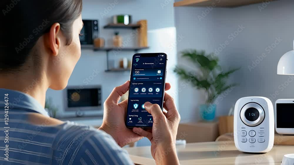Poster woman controlling smart home security camera with mobile app in modern kitchen using wireless techno