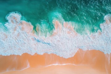 Fototapeta premium Aerial perspective of a lively summer beach showcasing azure waters and sunny skies ideal for travel motives and relaxing moments in tourism photography