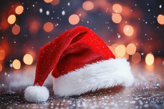 Festive red christmas santa hat adorned with soft white pompom, ideal for holiday celebrations and seasonal decor