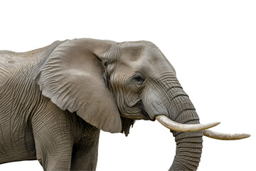 Obraz premium A majestic grey elephant with large tusks and wrinkled skin, standing calmly, isolated on white background .