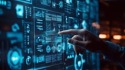 Hand interacting with a futuristic digital interface. represents human-computer interaction, futuristic technology, digital innovation, data visualization 