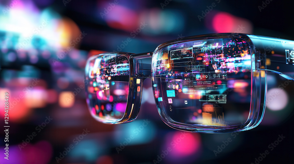 Poster futuristic augmented reality glasses displaying vibrant digital data and graphics
