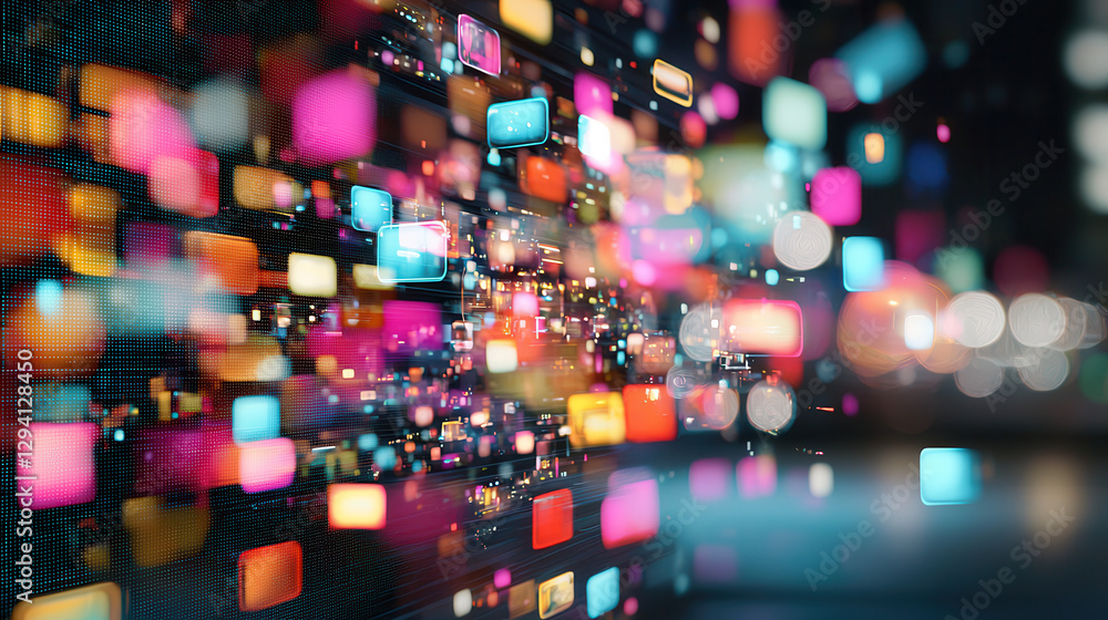 Poster futuristic digital interface with colorful squares and glowing lights, creating vibrant atmosphere