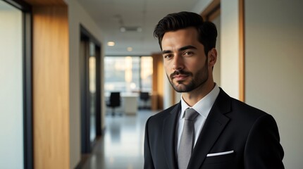 Fototapeta premium Sharp Dressed Man: Executive Confidence in a Modern Office Setting.