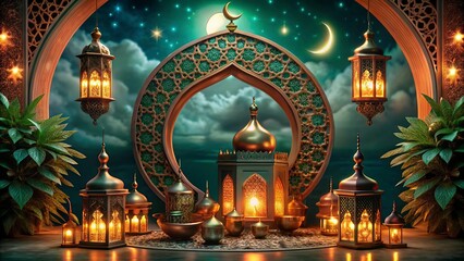 Obraz premium Ramadan Kareem background with mosque and arabic lanterns new background
