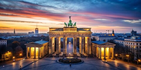 Naklejka premium Majestic Brandenburg Gate, Berlin, Aerial Drone View at Sunset