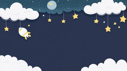 Night sky with clouds, rocket and stars, children's background image