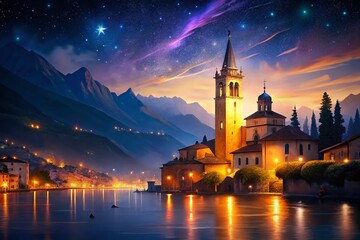 Obraz premium Majestic Church Tower, Riva del Garda, Italy - Night Photography