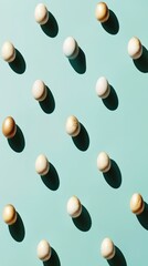 Patterned golden and white eggs casting shadows on a vibrant blue background, creating a minimalistic and artistic composition.