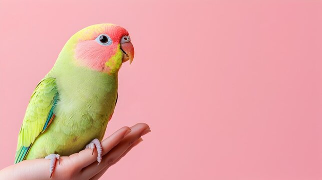 Colorful parakeet perched on hand with pink pastel background