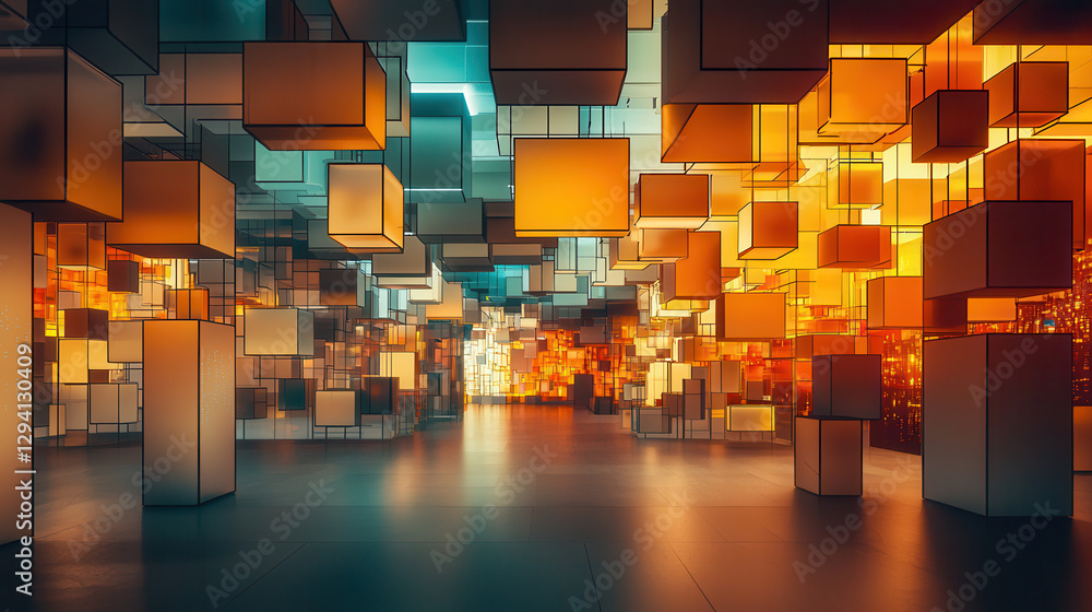Poster immersive tech event scene with futuristic illuminated cubes and vibrant colors. atmosphere is dynam