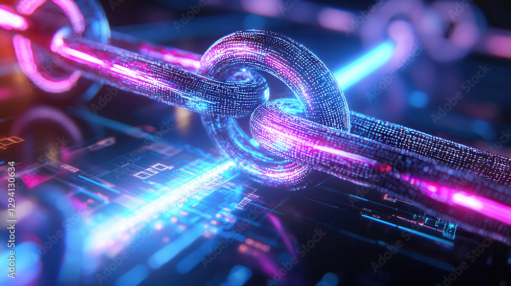 Poster innovative blockchain visualization with interconnected digital links, showcasing vibrant colors and