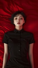 Naklejka premium Woman in black attire lying on vivid red sheets, capturing a dramatic and elegant contrast in mood and style.