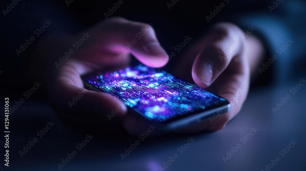 Poster person holding smartphone displaying vibrant digital interface with colorful patterns and lights, sy