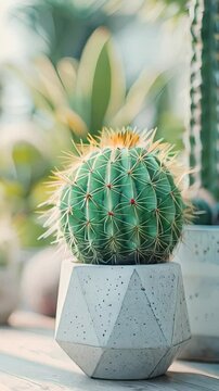 Close up of a Parodia cactus in a geometric concrete pot, other succulents in the background, isolated on white