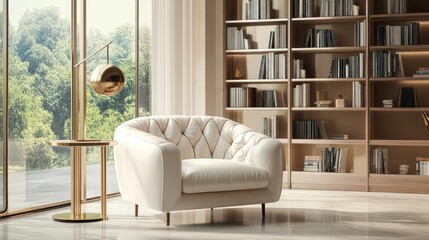 Fototapeta premium Ivory armchair in a serene space with a bookcase, for upscale interior design mockups
