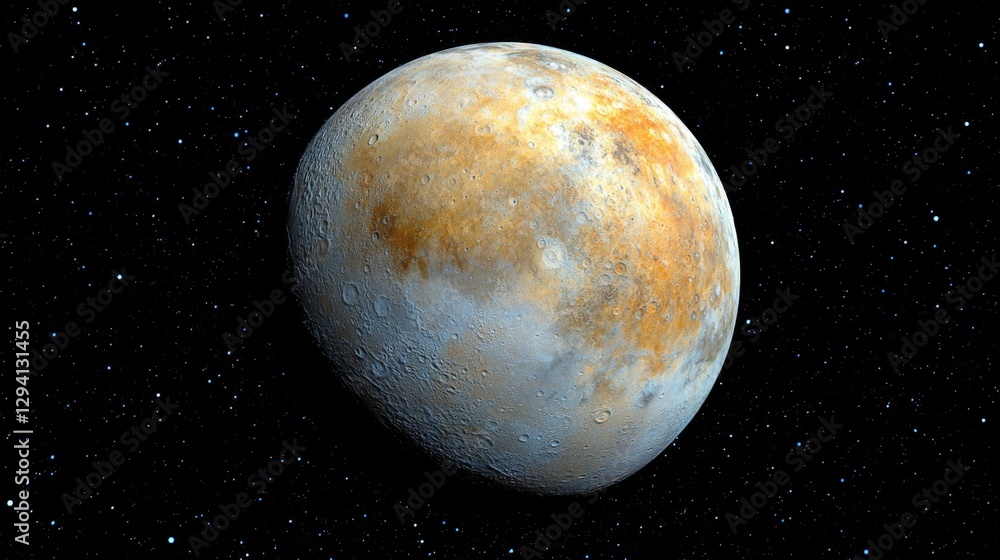 Poster detailed view of distant planet surrounded by stars in space with unique surface colors and textures