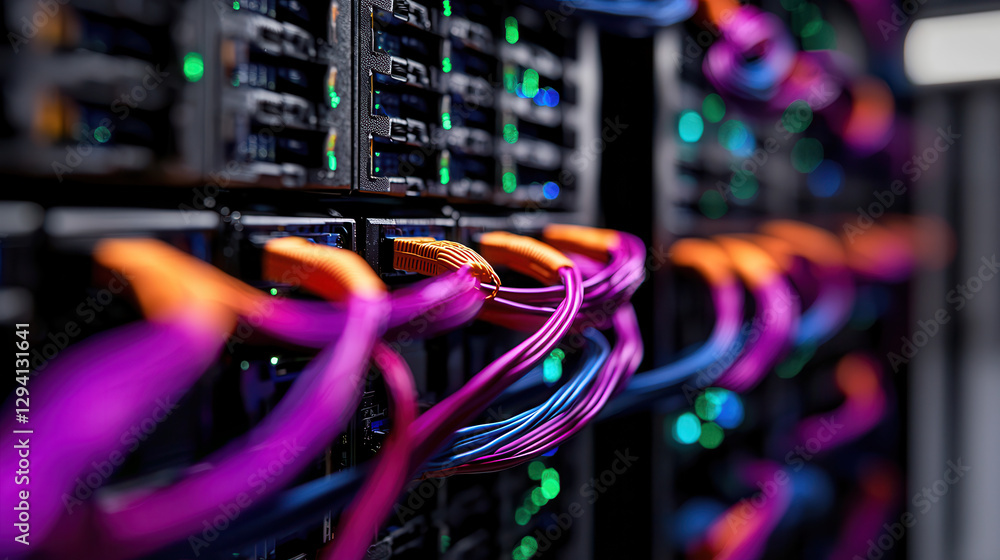 Poster modern digital data center with intricate server connections and colorful cables. vibrant network se