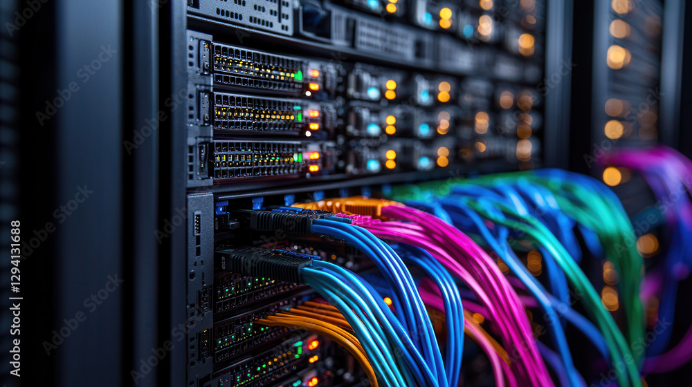 Poster modern digital data center with intricate server racks and colorful cables