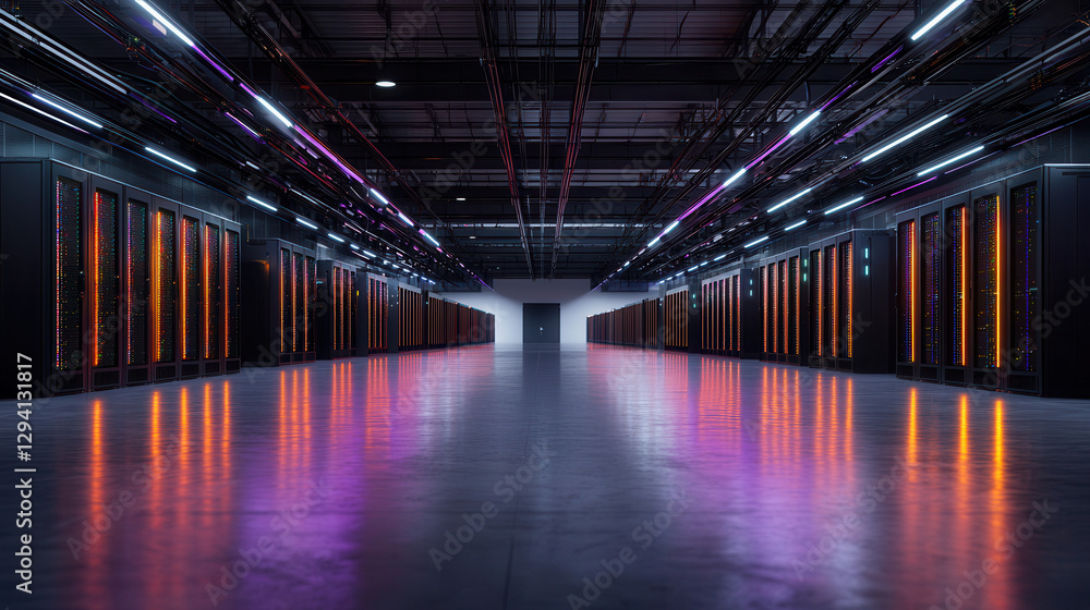 Poster modern digital data center with intricate server racks and vibrant lighting. spacious environment sh