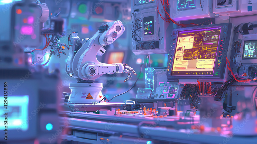Poster modern industrial automation scene featuring robotics and advanced technology, showcasing robotic ar