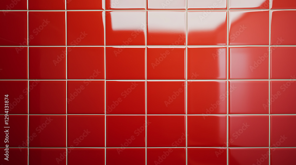 Poster glossy red square tiles with white grout reflect light, creating a vibrant and modern texture. a bol