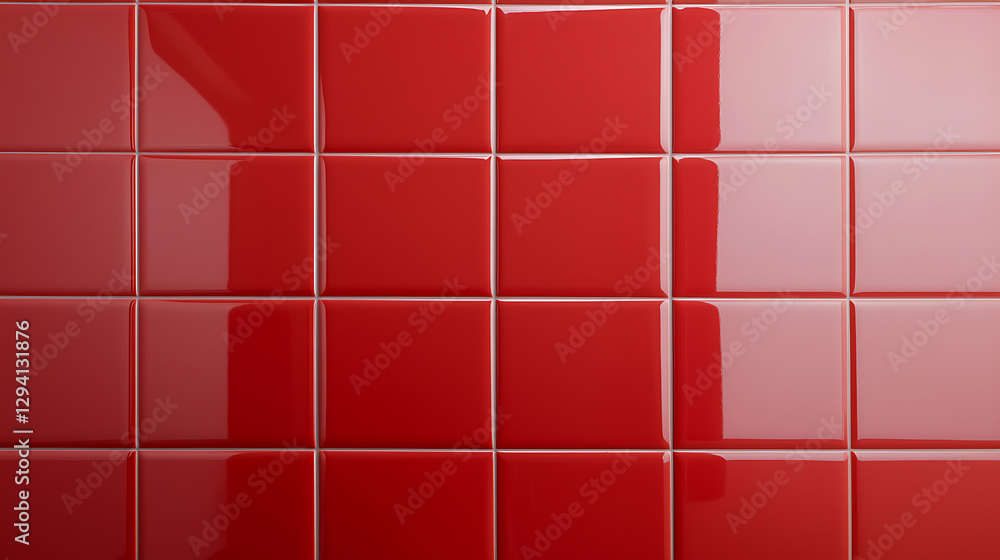 Poster a close-up shows a grid of red, glossy square tiles. the tiles reflect light, creating highlights an