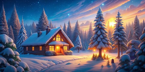 Cozy Christmas Cabin Panorama: Snowy Winter Forest Wonderland